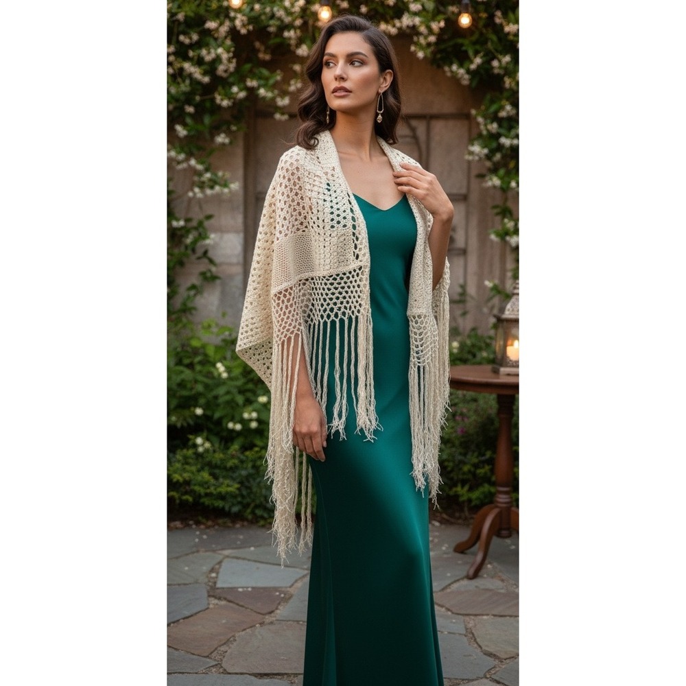 Adrienne Vittadini Open Front Cover Up Crochet Fringe Shawl Collar‎ Poncho Cream